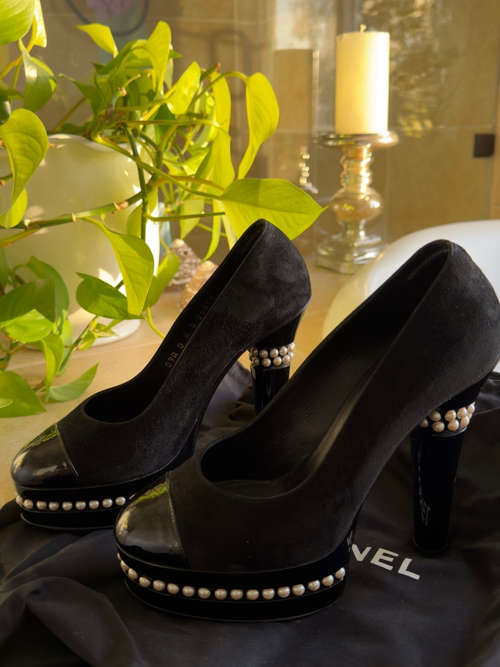 CHANEL Black Suede Pearl-Trim Platform Pumps - Picture 4 of 5